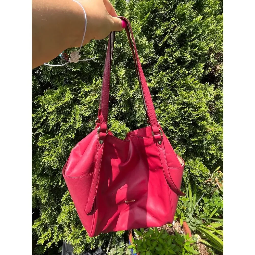 Vtg BURBERRY Red Leather Nova Check Strap Tote Bag Slouchy Hobo Shoulder Handbag